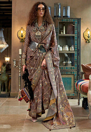 Digital Printed Art Silk Saree in Grey