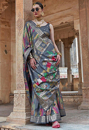 Digital Printed Art Silk Saree in Grey