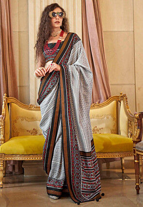 Digital Printed Art Silk Saree in Grey