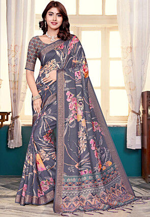 Digital Printed Art Silk Saree in Grey