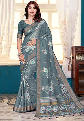 Digital Printed Art Silk Saree in Grey
