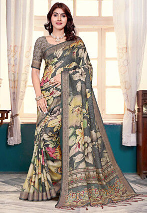 Digital Printed Art Silk Saree in Grey