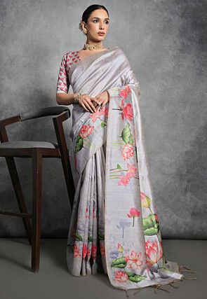 Digital Printed Art Silk Saree in Grey