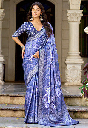 Digital Printed Art Silk Saree in Indigo Blue