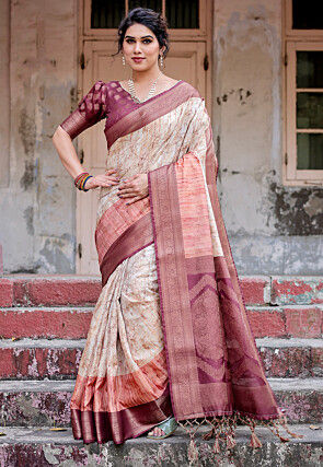 Digital Printed Art Silk Saree in Light Beige
