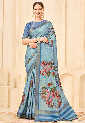 Digital Printed Art Silk Saree in Light Blue