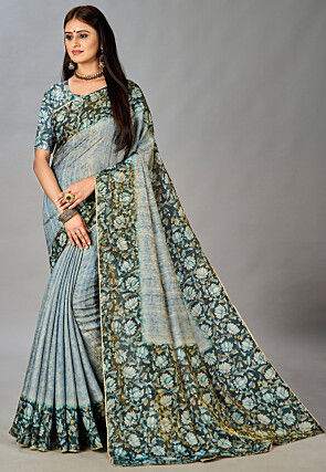 Digital Printed Art Silk Saree in Light Blue