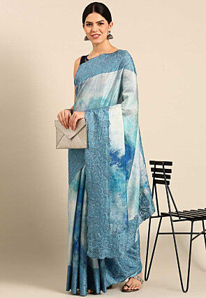 Digital Printed Art Silk Saree in Light Blue