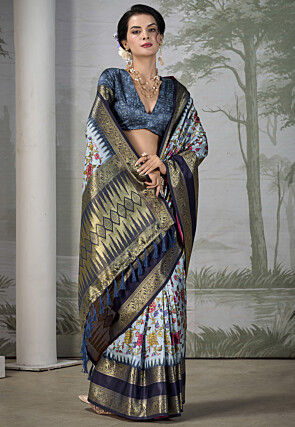 Digital Printed Art Silk Saree in Light Blue