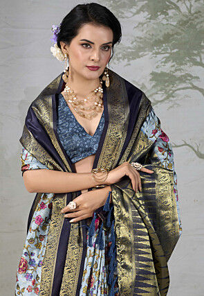 Digital Printed Art Silk Saree in Light Blue