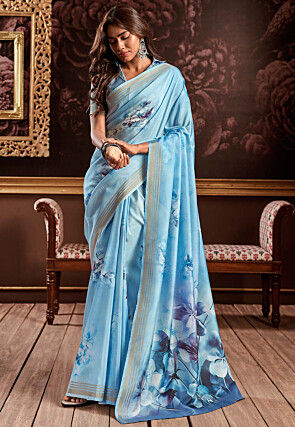 Digital Printed Art Silk Saree in Light Blue