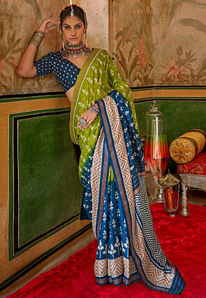 Digital Printed Art Silk Saree in Light Green and Teal Blue