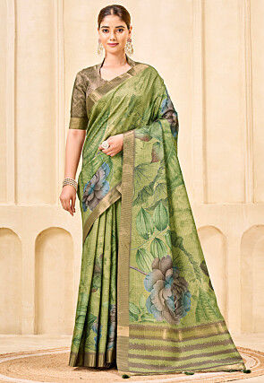 Digital Printed Art Silk Saree in Light Green
