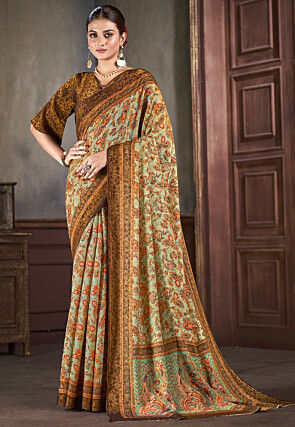 Digital Printed Art Silk Saree in Light Green
