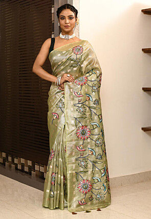 Digital Printed Art Silk Saree in Light Green
