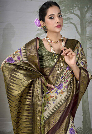 Digital Printed Art Silk Saree in Light Green