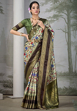 Digital Printed Art Silk Saree in Light Green