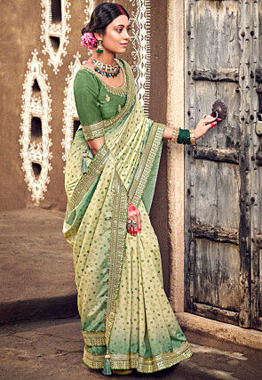 Digital Printed Art Silk Saree in Light Green