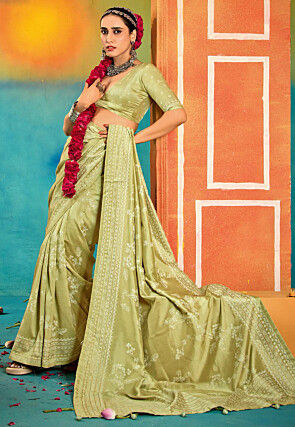 Digital Printed Art Silk Saree in Light Green