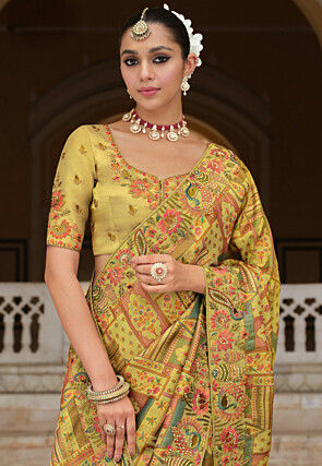 Digital Printed Art Silk Saree in Light Green