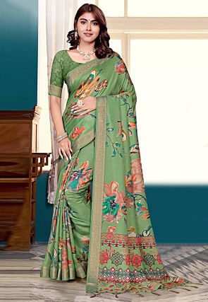 Digital Printed Art Silk Saree in Light Green