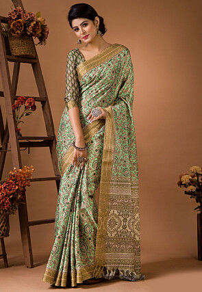 Digital Printed Art Silk Saree in Light Green
