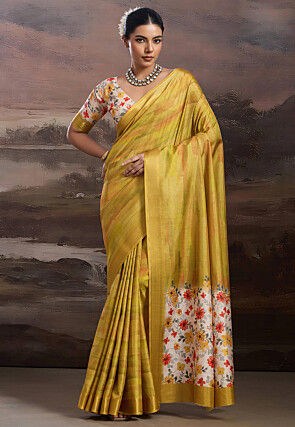 Digital Printed Art Silk Saree in Light Mustard