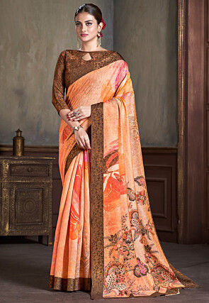 Digital Printed Art Silk Saree in Light Orange