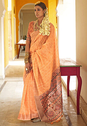 Digital Printed Art Silk Saree in Light Orange