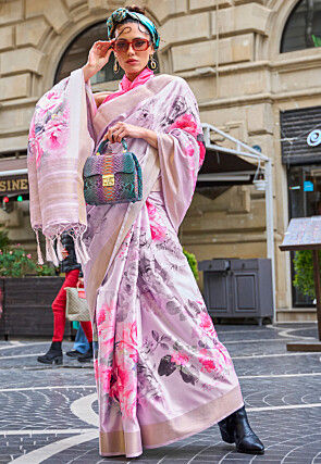 Digital Printed Art Silk Saree in Light Pink