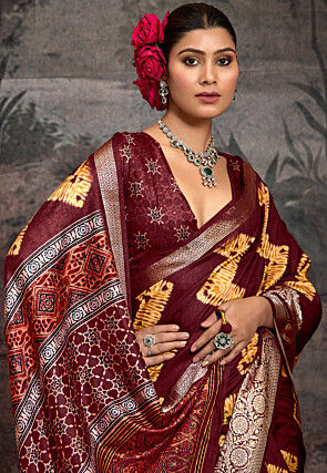 Digital Printed Art Silk Saree in Maroon