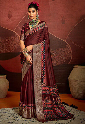 Digital Printed Art Silk Saree in Maroon