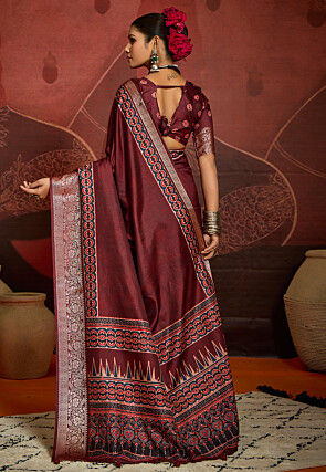 Digital Printed Art Silk Saree in Maroon
