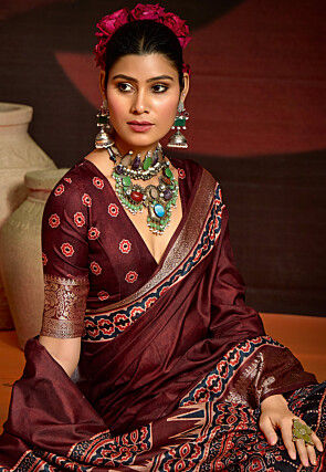 Digital Printed Art Silk Saree in Maroon