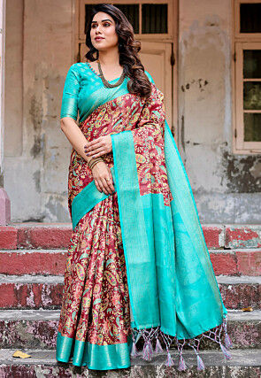 Digital Printed Art Silk Saree in Maroon