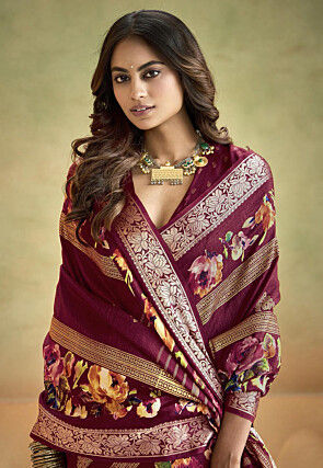 Digital Printed Art Silk Saree in Maroon