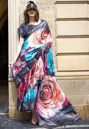 Digital Printed Art Silk Saree in Multicolor