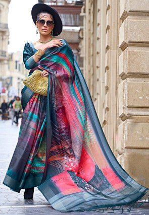 Digital Printed Art Silk Saree in Multicolor