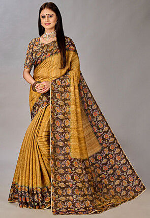 Digital Printed Art Silk Saree in Mustard and Brown