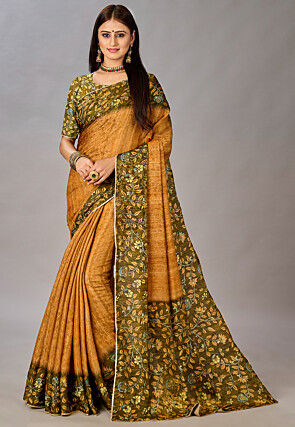 Digital Printed Art Silk Saree in Mustard