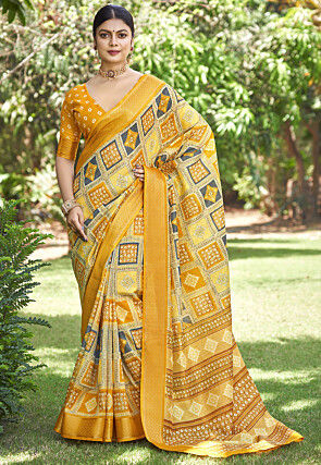 Digital Printed Art Silk Saree in Mustard