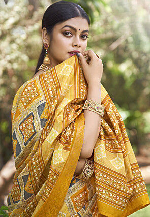 Digital Printed Art Silk Saree in Mustard