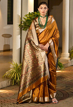 Woven Border Printed Art Silk Saree in Mustard