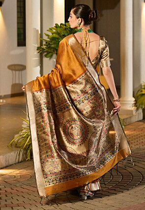 Woven Border Printed Art Silk Saree in Mustard