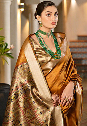 Woven Border Printed Art Silk Saree in Mustard