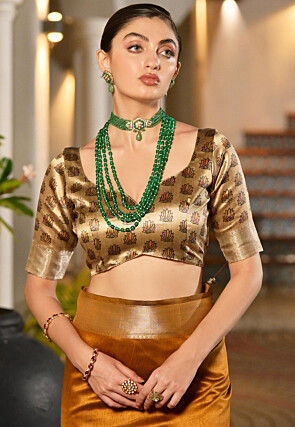 Woven Border Printed Art Silk Saree in Mustard