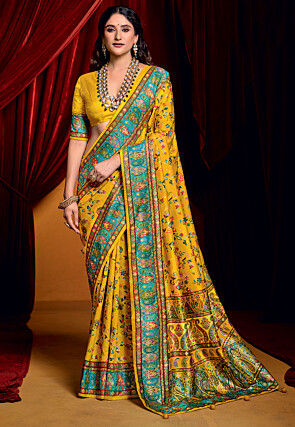Digital Printed Art Silk Saree in Mustard