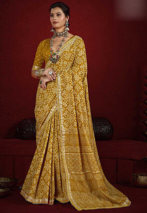Digital Printed Art Silk Saree in Mustard