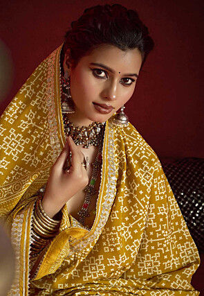 Digital Printed Art Silk Saree in Mustard