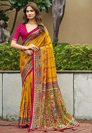 Digital Printed Art Silk Saree in Mustard